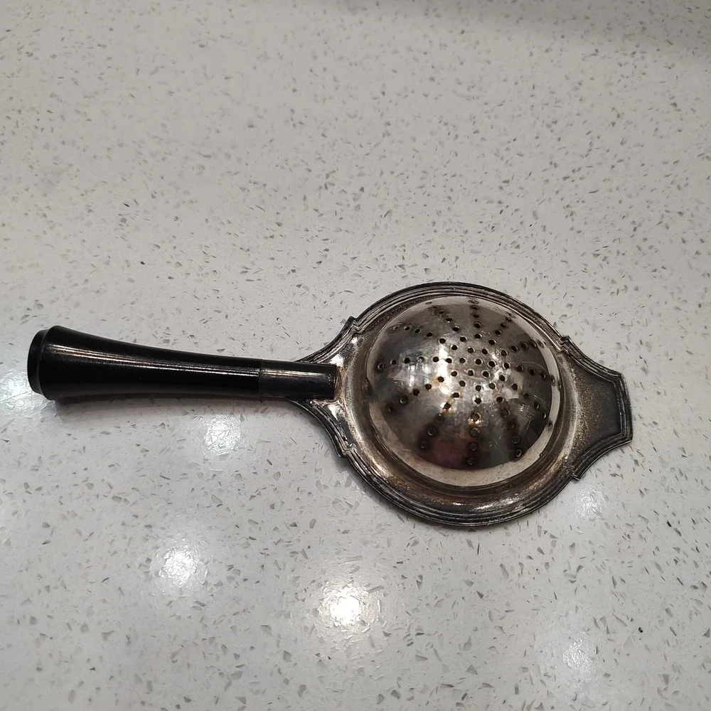 Silver Plated Tea Strainer Spoon Wooden Handle Ornate Mid Century Cottage Core